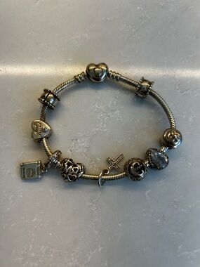 Pandora Silver Charm Bracelet with Heart, Cross and Bead Charms